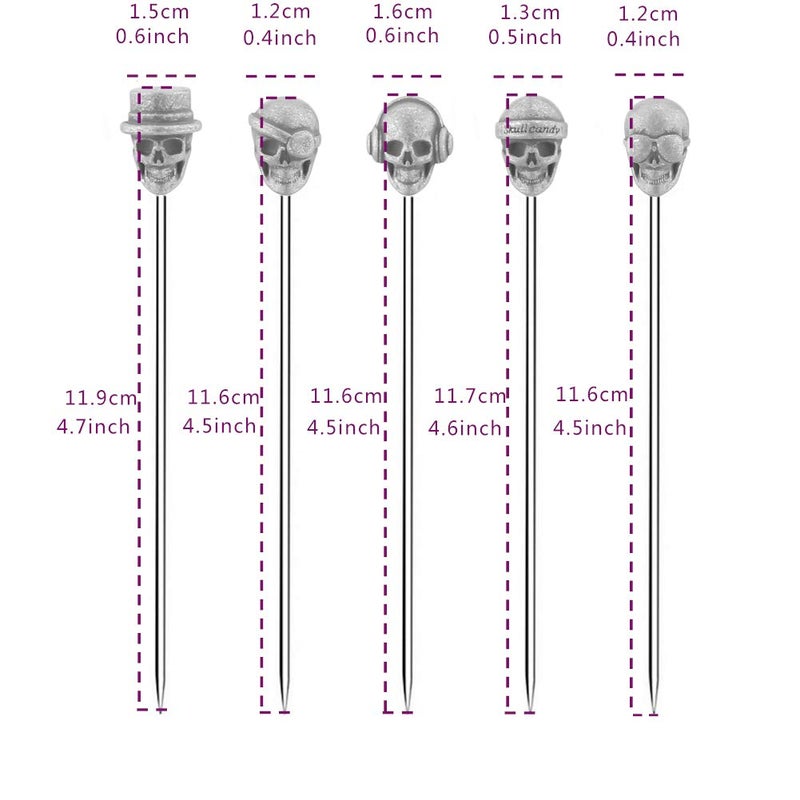 DEEKOUDT Skull Cocktail Picks Martini Picks Reusable Olive Picks Garnish Skewer Fruit Toothpicks Pack of 10 (Antique Silver) - Image 3
